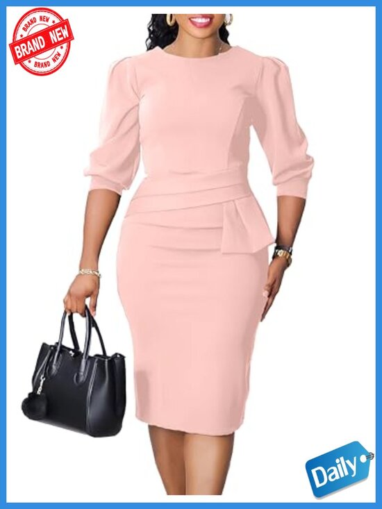 Dresses & Skirts - Women's Bodycon Pencil Midi Dress 3/4 Sleeve Peplum Waist Work Party